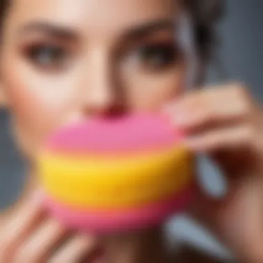 Demonstrating the application technique with the sponge A makeup sponge being used for flawless application
