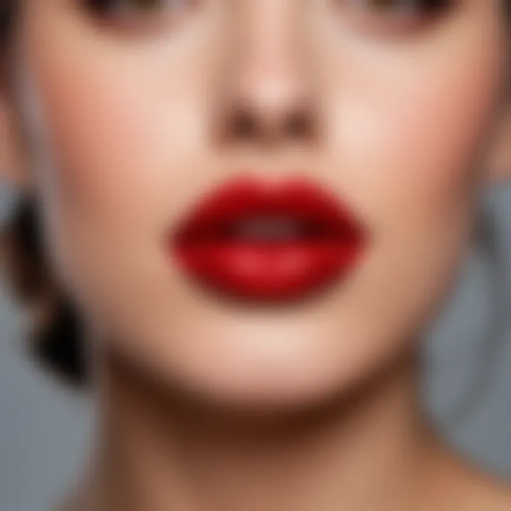 Close-up of a velvet red lipstick application on flawless skin