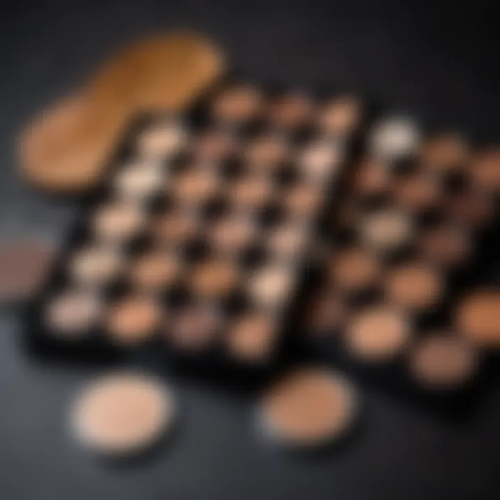 A beautifully arranged palette of coffee-toned makeup products showcasing various shades.