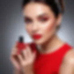 A vibrant red dress paired with a selection of nail polishes in various shades.