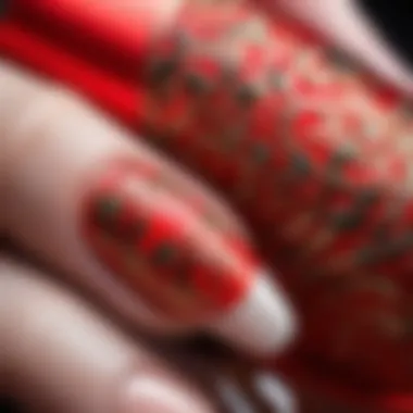 Elegant red nail art design featuring intricate patterns