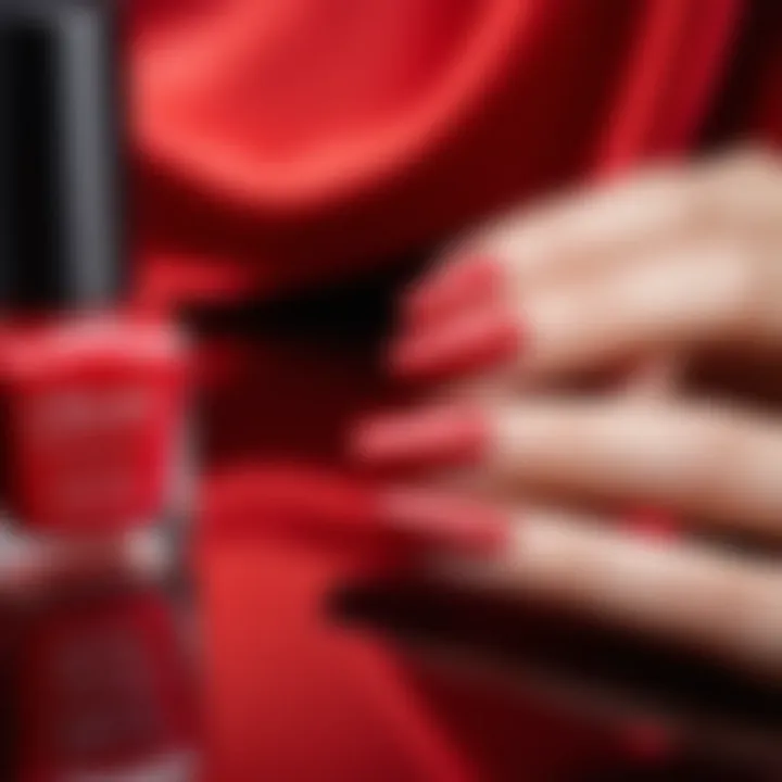 A collection of red nail polish shades displayed artistically