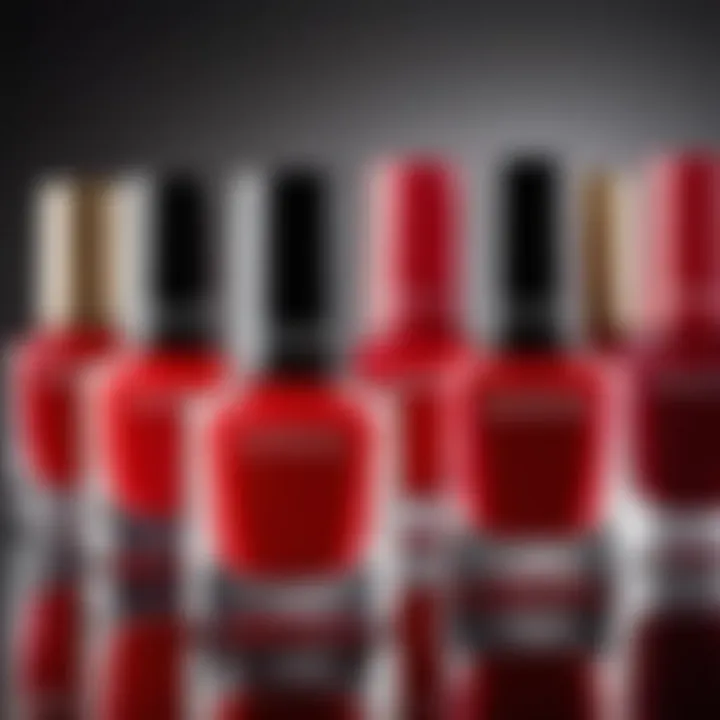 An elegant display of various shades of red nail polish arranged aesthetically.