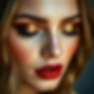 A close-up of eyes adorned with gold and bronze shades harmonizing with red lips.