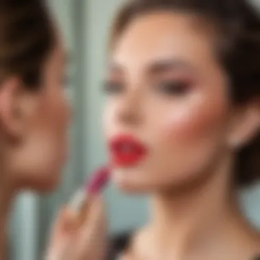 Woman applying Kiss Me lipstick in front of a mirror