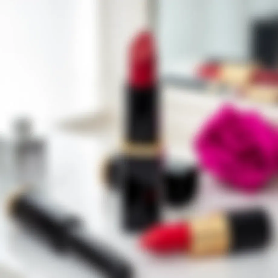 A rich dark pink lipstick elegantly displayed on a vanity with soft lighting