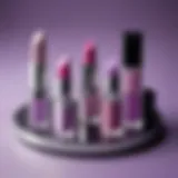 Various shades of lilac lipsticks displayed on a stylish vanity