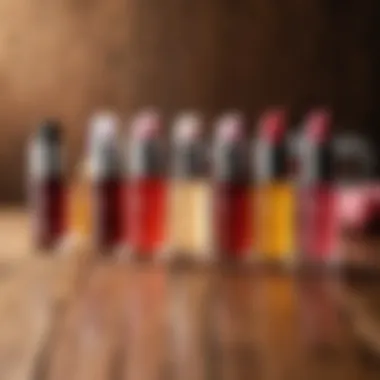 Various lip oil products on a wooden surface.