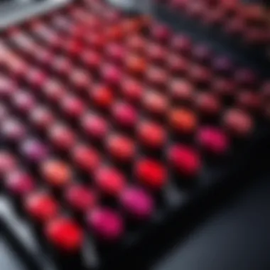 Close-up of vibrant lipstick shades on a cosmetic table