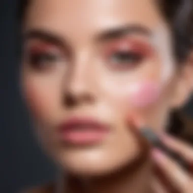 Application of liquid blusher on a model's cheek