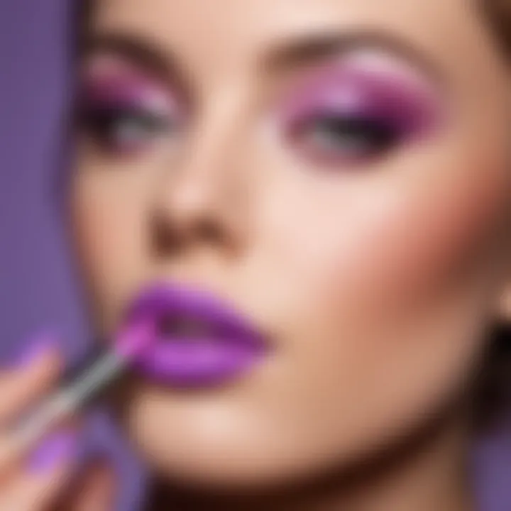 Makeup artist applying lilac lipstick to a client's lips