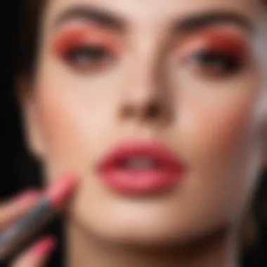 A makeup artist demonstrating peach lipstick application techniques.