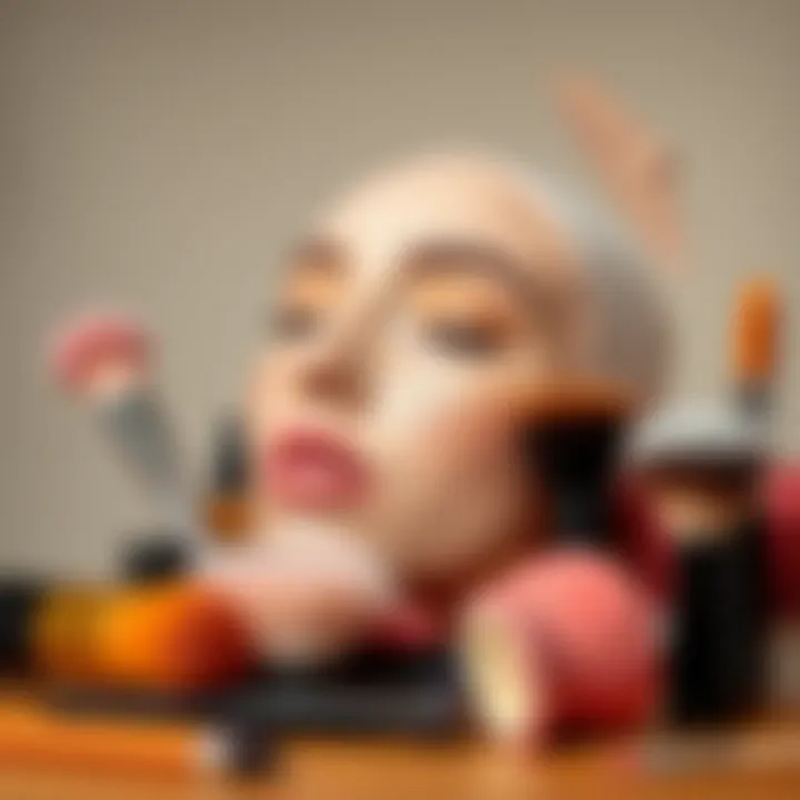 A variety of brushes and tools for applying peach makeup with a warm color palette.