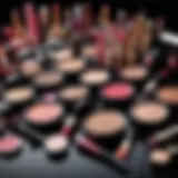 An array of makeup products organized in a visually appealing manner.