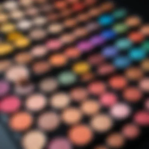 A beautifully arranged makeup palette showcasing an array of vibrant colors and textures.