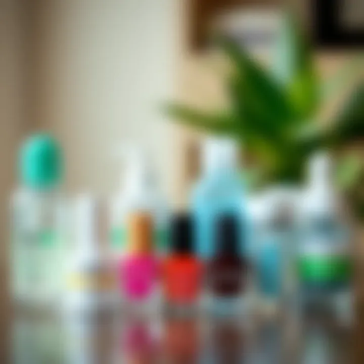 Nail care products lined up for use