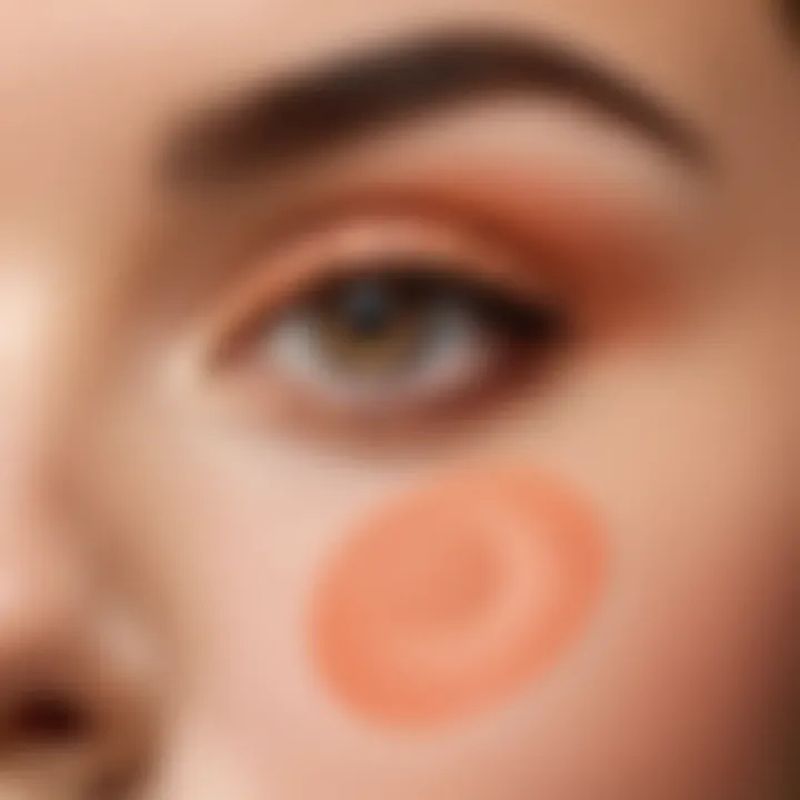 A close-up of skin undertones being matched with various shades of peach blush.