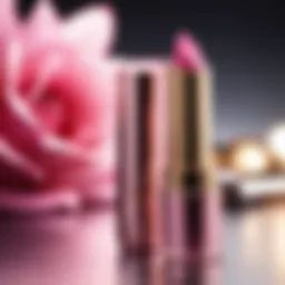 A close-up of metallic pink lipstick on a luxurious vanity