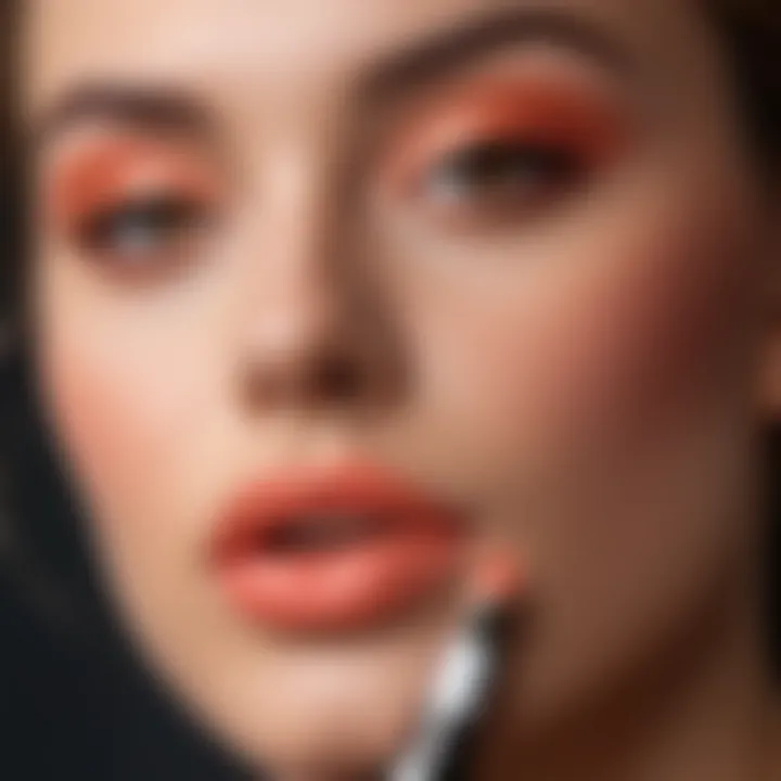 Close-up of a model applying peach lipstick in a natural setting.