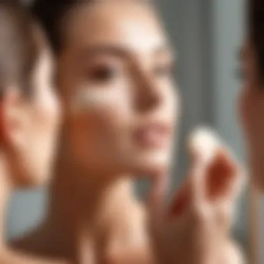 A model applying foundation-like sunscreen in front of a mirror