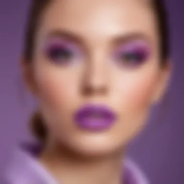 Close-up of a model wearing lilac lipstick with a soft makeup look