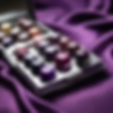 A palette of nail polish colors arranged around a deep purple gown