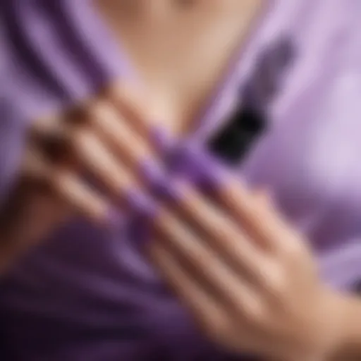 Close-up of a hand showcasing a vibrant purple nail polish against a lavender dress