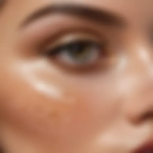 A close-up of a dewy finish concealer applied on skin