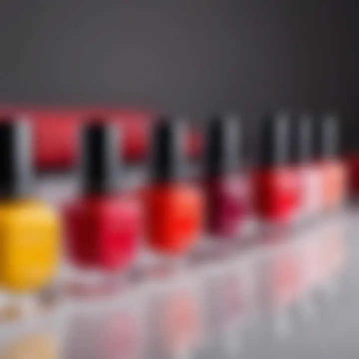 A close-up of different nail polish bottles showcasing complementary colors to red.