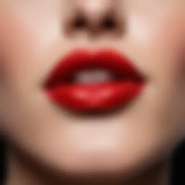 Close-up of red lipstick applied on lips