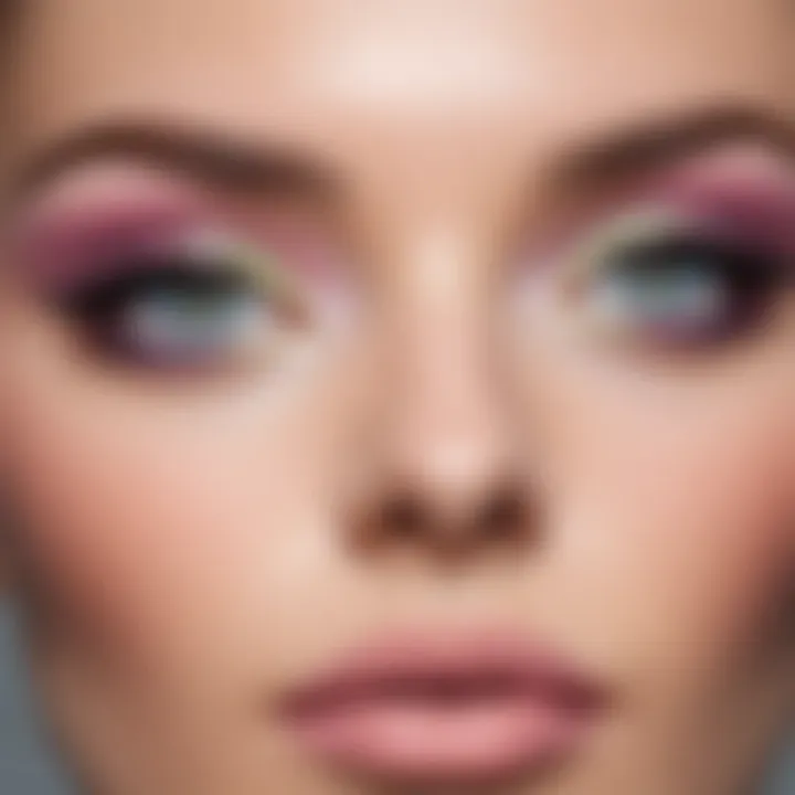 A close-up of a model's eyes adorned with pastel eyeshadow and eyeliner.