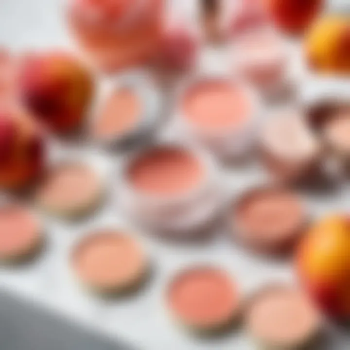 An array of peach blush products laid out on a vanity table, highlighting different shades and textures.