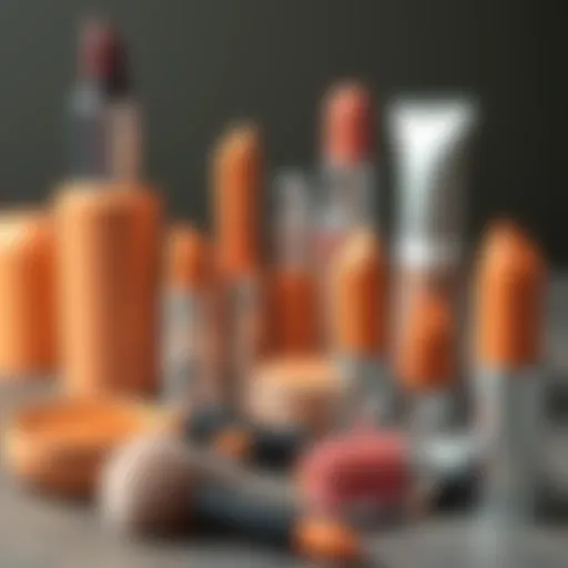 A close-up of peach-toned makeup products arranged artistically.