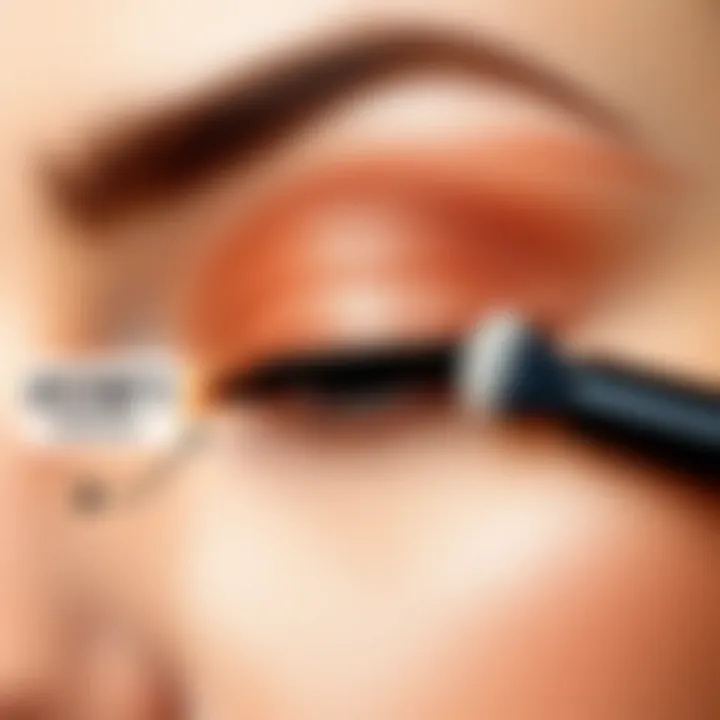 Application technique of peach-toned eyeshadow on eyelids.