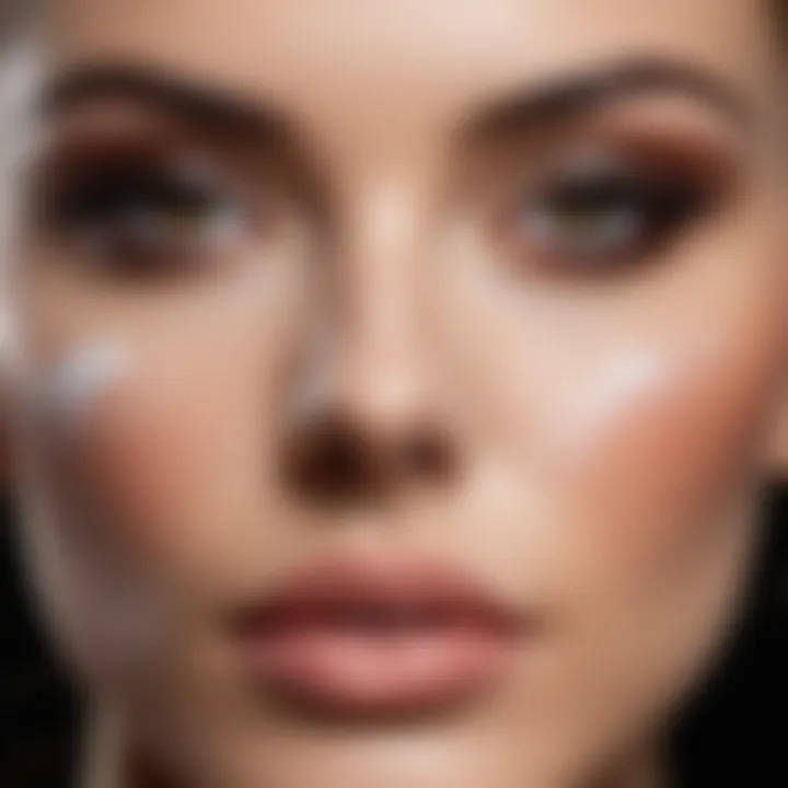 A close-up of powder being applied to a flawless complexion.