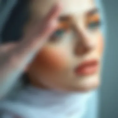 A model displaying a radiant peach makeup look with a soft focus background.