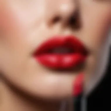 A close-up of lipstick application technique on lips