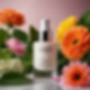 Skincare products arranged beside fresh flowers