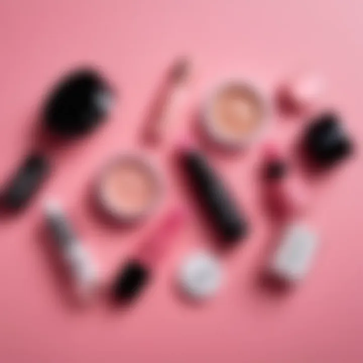 A flat lay of essential soft girl makeup products arranged aesthetically