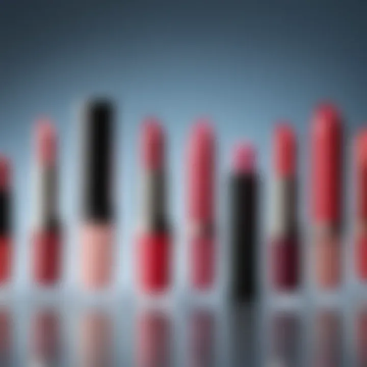 Different types of lip products displayed on a vanity