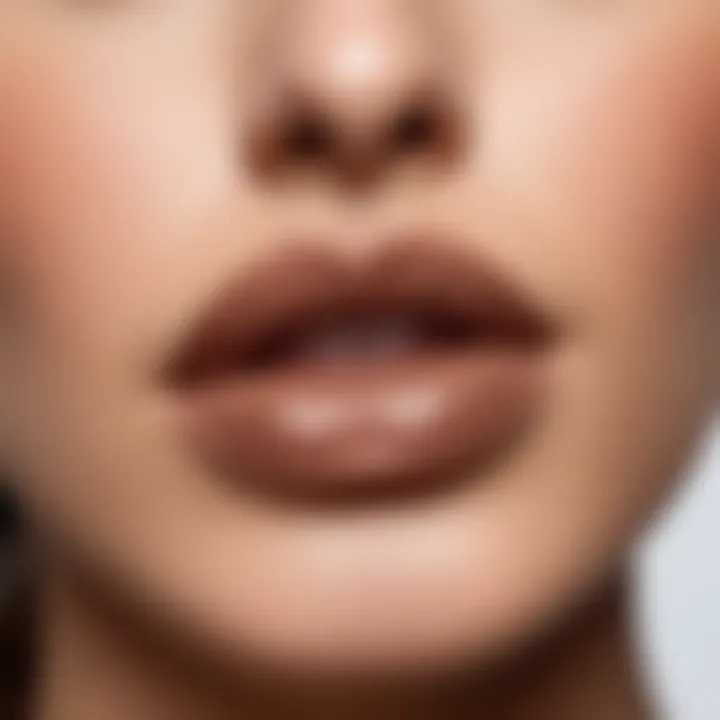 A close-up of light brown lipstick swatch on skin