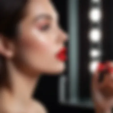 An artistic depiction of a woman applying red lipstick before a vanity mirror, showcasing the elegance of the makeup ritual.