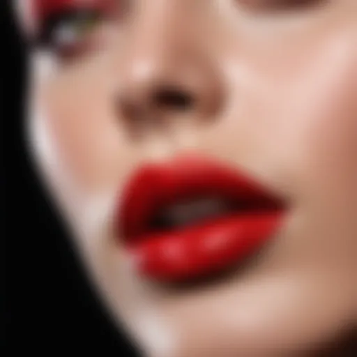 A striking close-up of vibrant red lipstick on a sleek black background, highlighting its richness and texture.