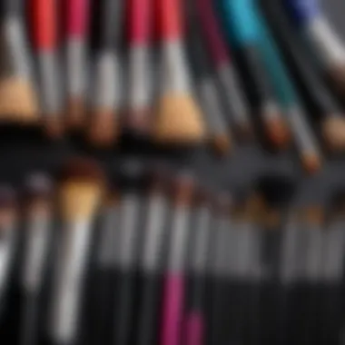 An array of tools and brushes organized for makeup application.