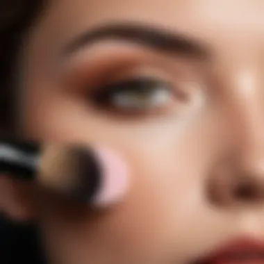 Close-up of a makeup brush applying setting powder on a model's face