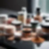 An array of various setting powders on a vanity table