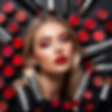 Trendy Makeup Setup with Red Lipsticks A stylish makeup setup featuring open red lipsticks alongside brushes and palettes, representing trendy beauty practices.