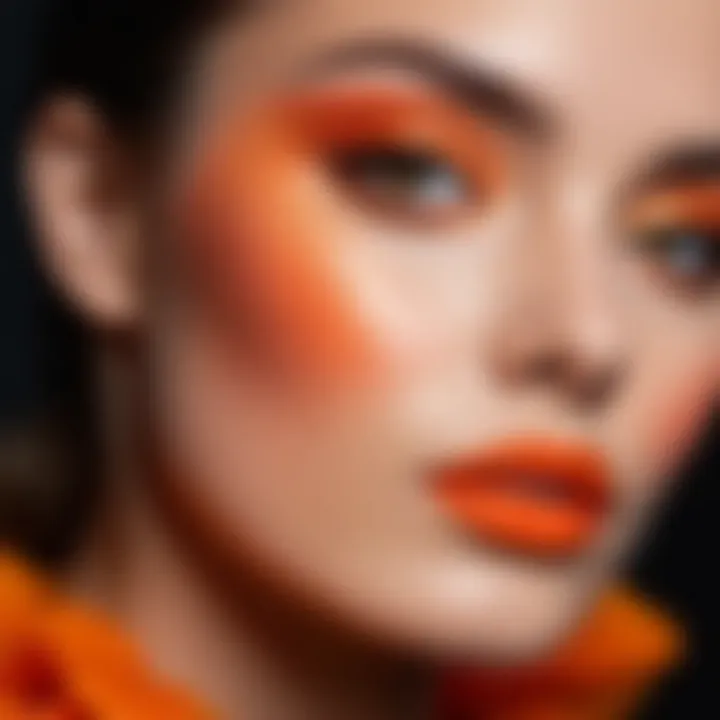 Vibrant orange blush on a makeup palette