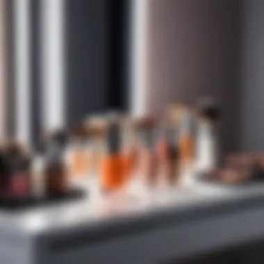 A well-lit vanity with makeup tools and foundation