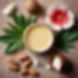 A serene and natural setting showcasing various vegan lip balm ingredients like shea butter and coconut oil.